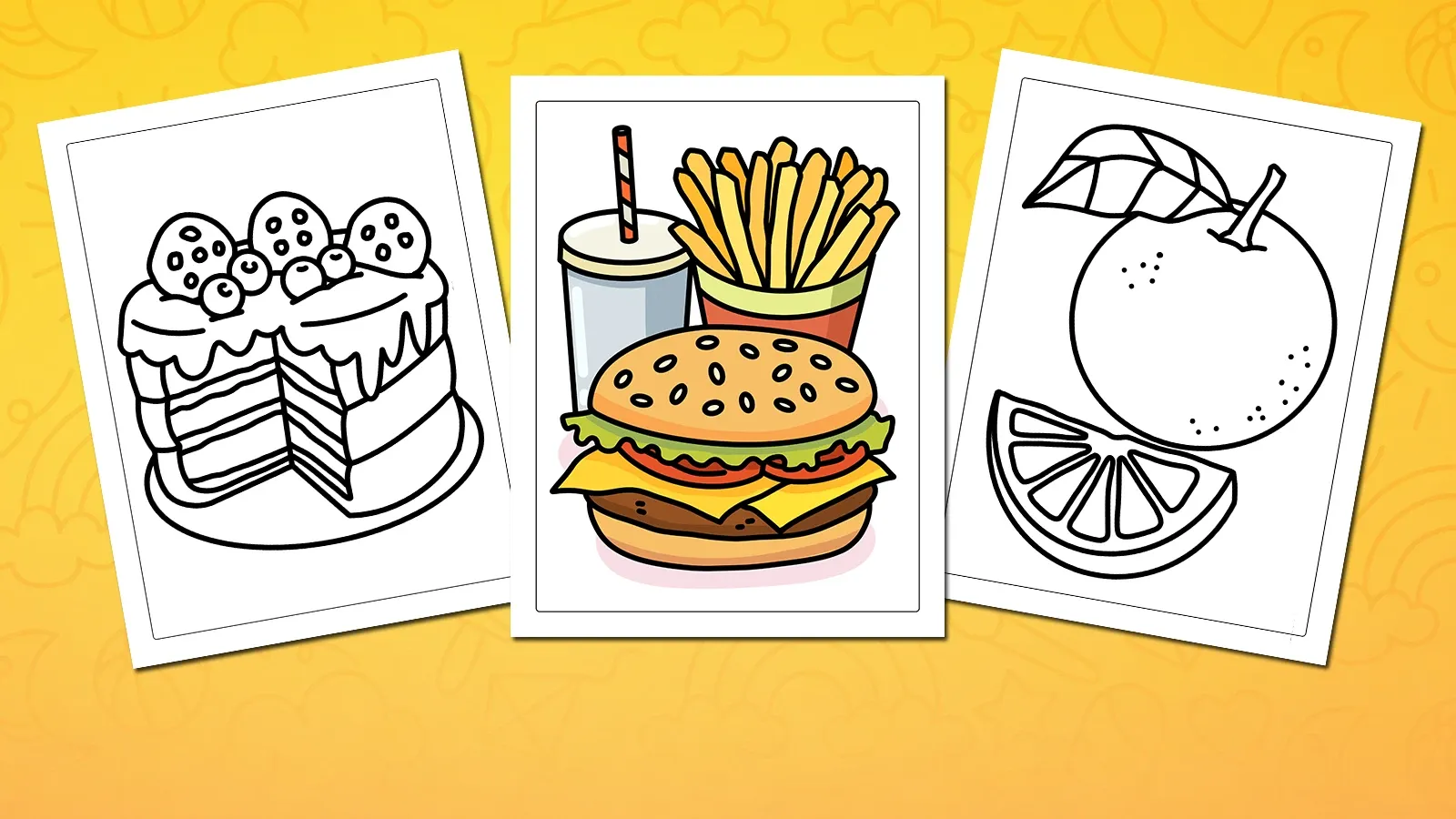 Food coloring pages — snacks, veggies and desserts
