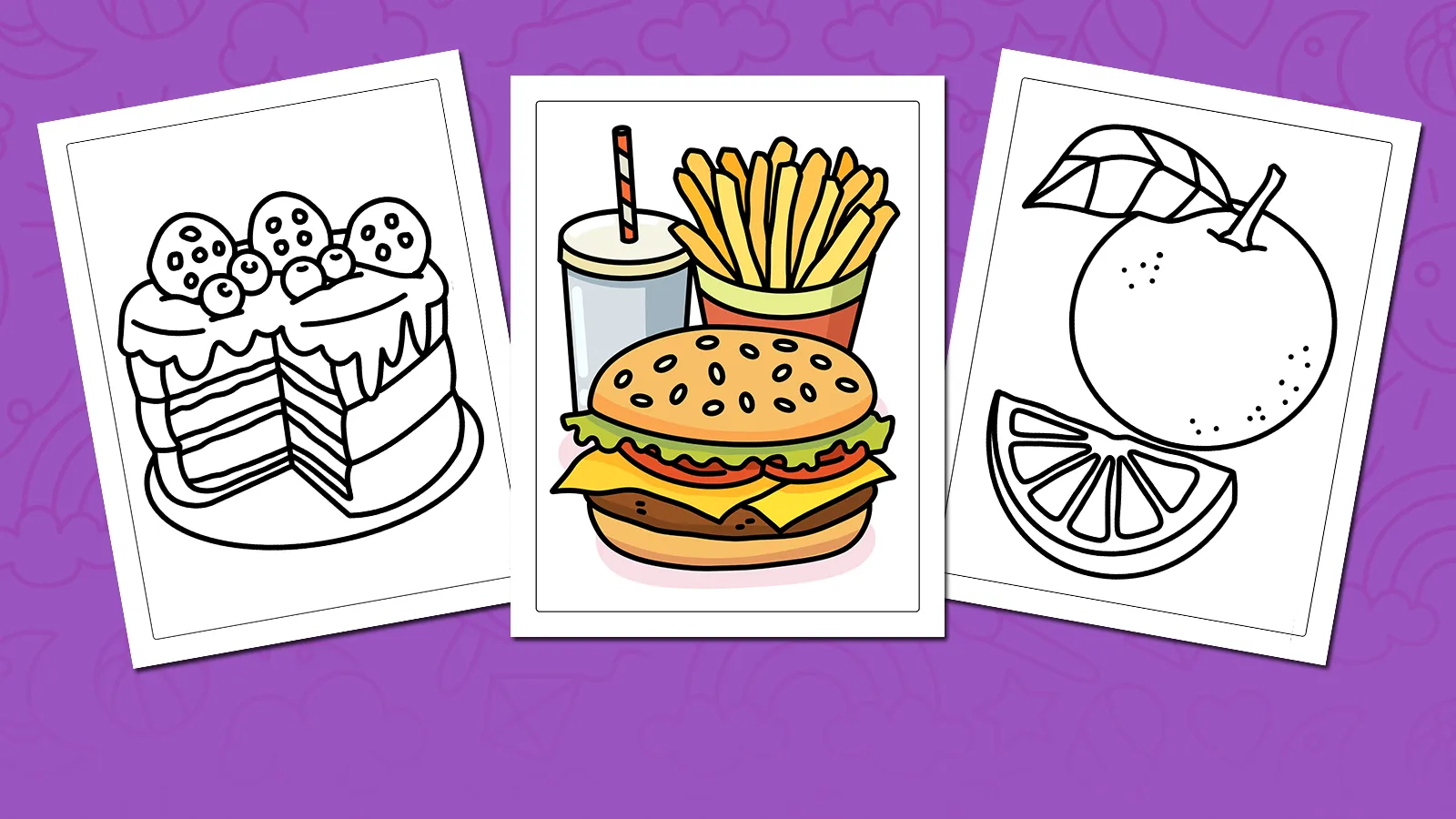 Food coloring pages — snacks, veggies and desserts
