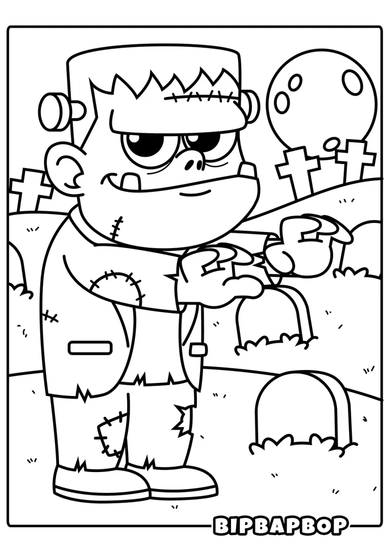 A fun Frankenstein walking through a graveyard