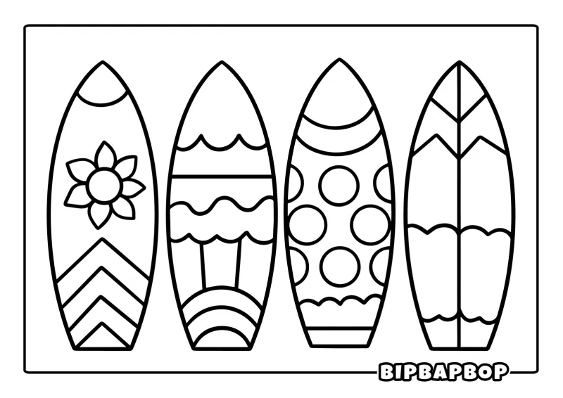 Four surfboards with fun patterns