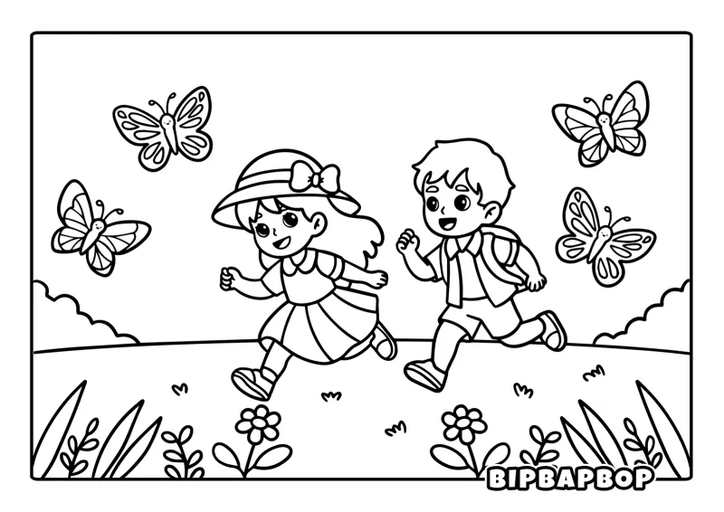 A girl and a boy chasing butterflies through a spring meadow