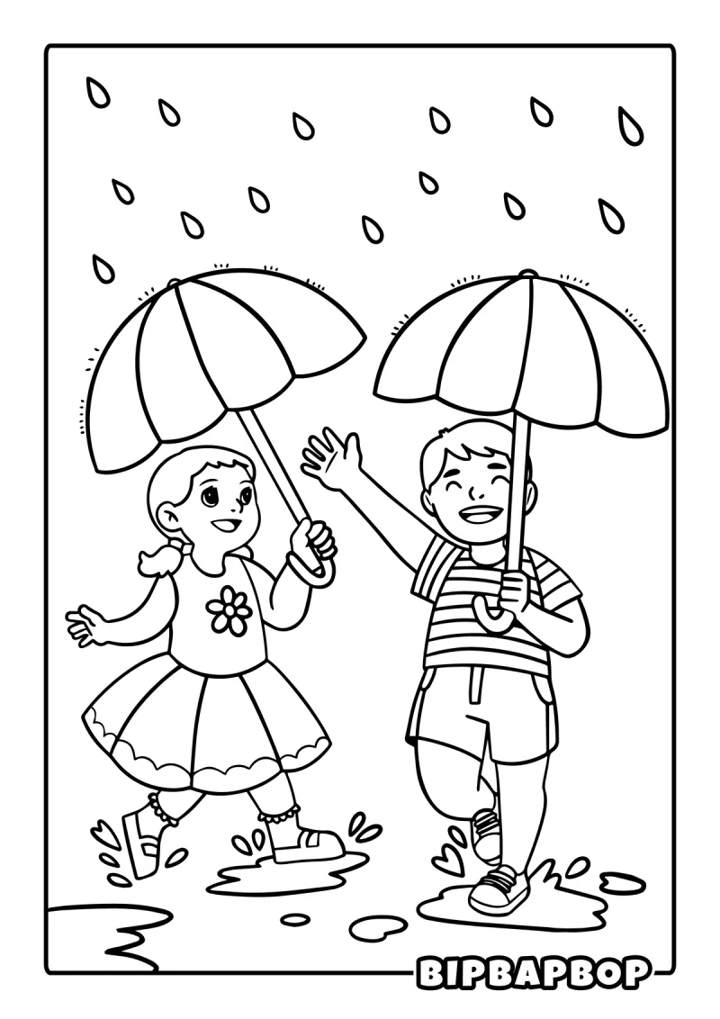 A girl and boy with umbrellas splashing through puddles on a rainy day
