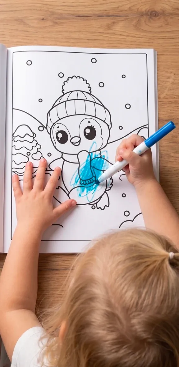 A girl coloring a penguin's scarf blue with a marker, the rest of the page still outlines