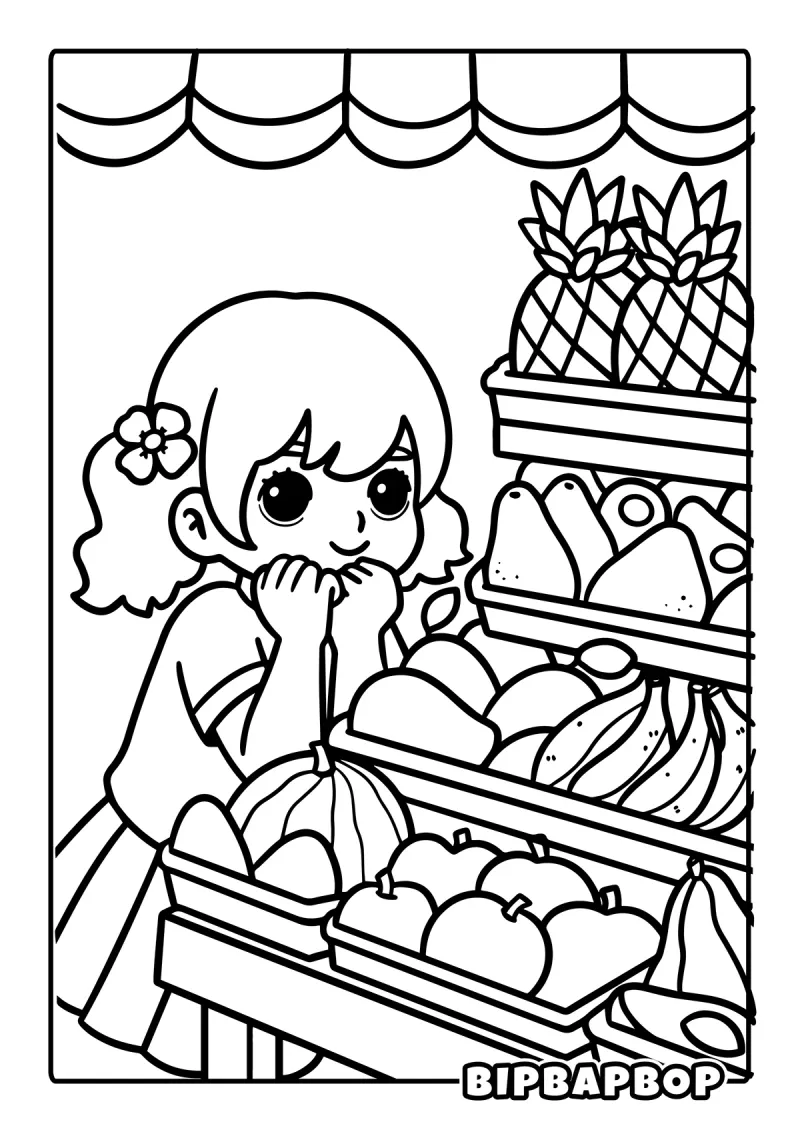 A girl standing by a fruit stall looking at all the different fruit