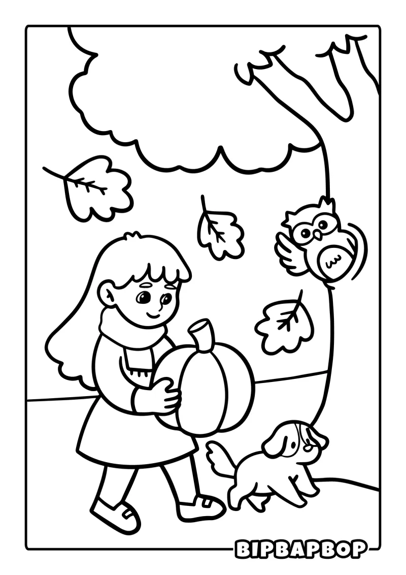 A girl walking with her puppy, carrying a pumpkin