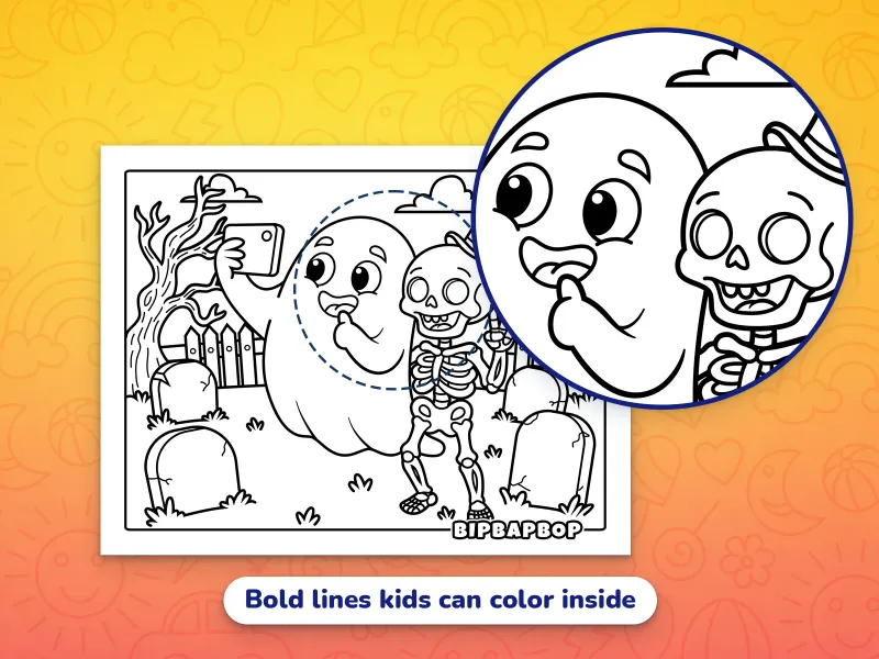 A close up of a ghost and a skeleton taking a selfie, demonstrating the bold lines that kids can color inside