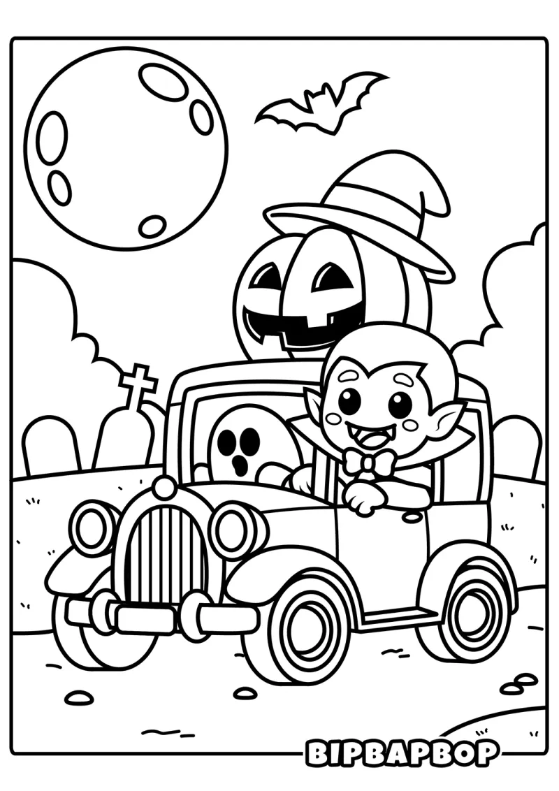 A Halloween-themed car with Dracula and a ghost driving through a moonlit graveyard at night