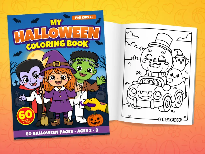 Halloween coloring book front cover showing a vampire, a witch and a young Frankenstein, and an internal page with a haunted pumpkin driving a car with two ghosts