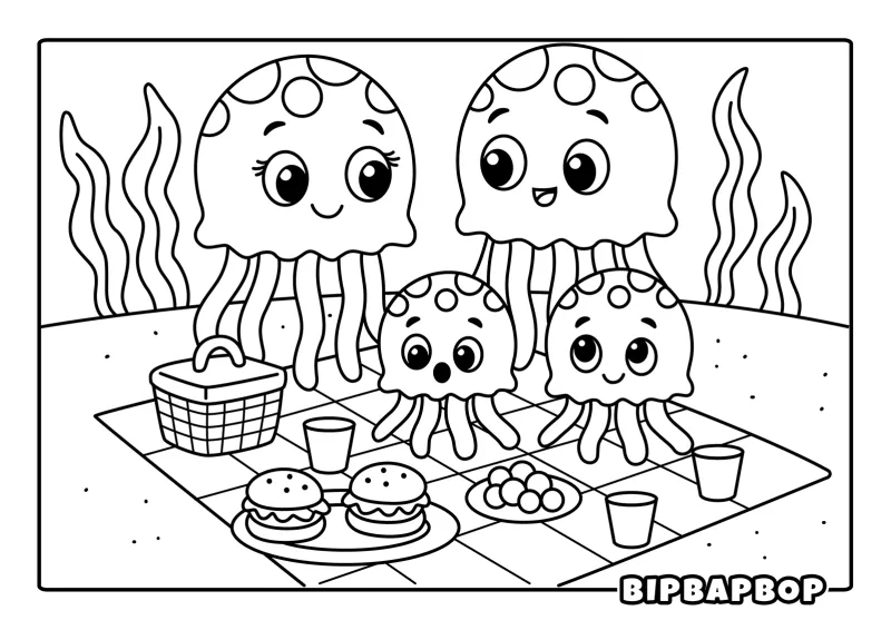 A jellyfish family having an under-water picnic