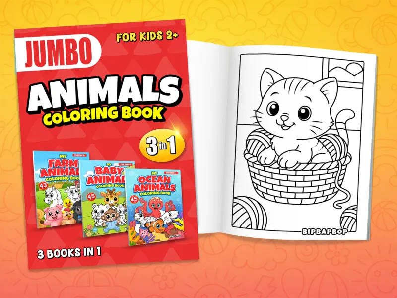 Jumbo animals coloring book front cover showing the farm, ocean and baby animal books inside, with an internal page showing a kitten in a basket of wool