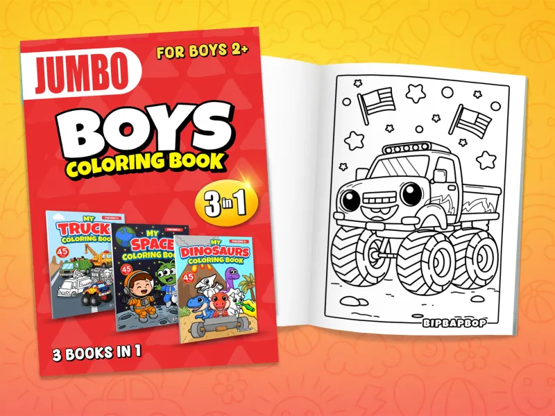 Jumbo boys coloring book front cover showing the trucks, dinosaurs and space books inside, with an internal page showing a monster truck surrounded by flags and stars