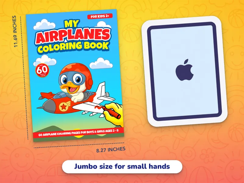 A comparison of the airplane book cover with an iPad demonstrating how large the jumbo-size pages are