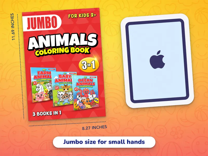 A comparison of the jumbo animals book cover with an iPad demonstrating how large the jumbo-size pages are