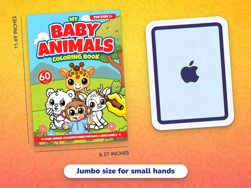 A comparison of the baby animals book cover with an iPad demonstrating how large the jumbo-size pages are