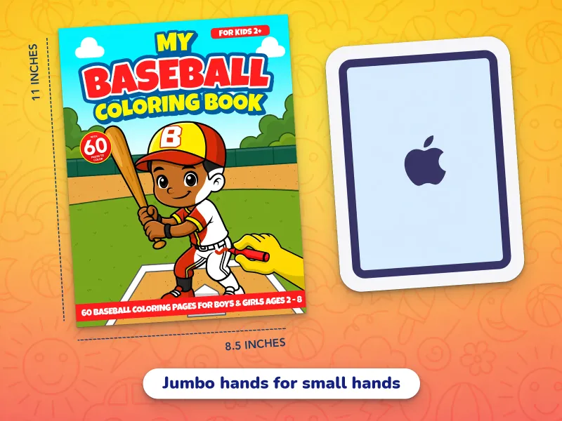 A comparison of the baseball book cover with an iPad demonstrating how large the jumbo-size pages are