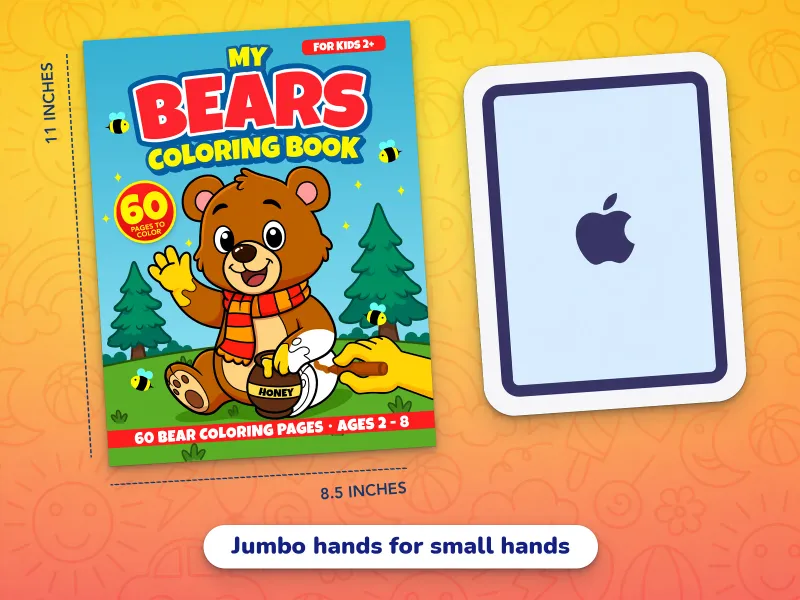 A comparison of the bear book cover with an iPad demonstrating how large the jumbo-size pages are