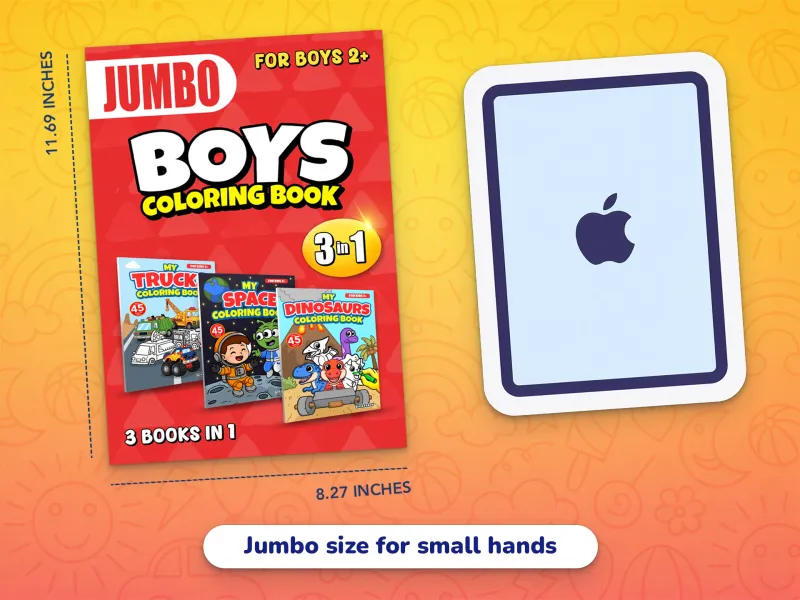 A comparison of the jumbo boys book cover with an iPad demonstrating how large the jumbo-size pages are