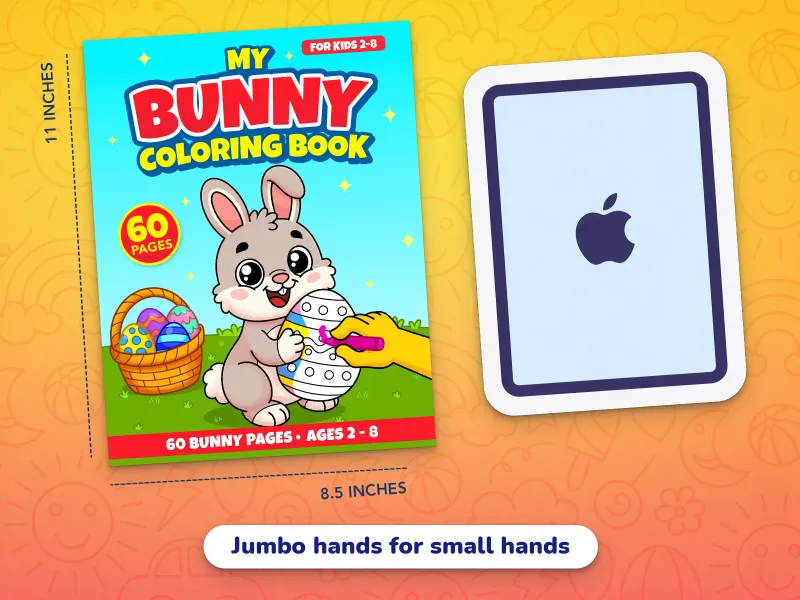 A comparison of the bunny book cover with an iPad demonstrating how large the jumbo-size pages are
