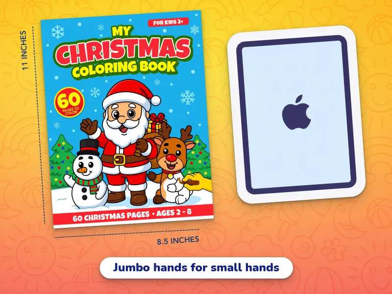 A comparison of the Christmas book cover with an iPad demonstrating how large the jumbo-size pages are