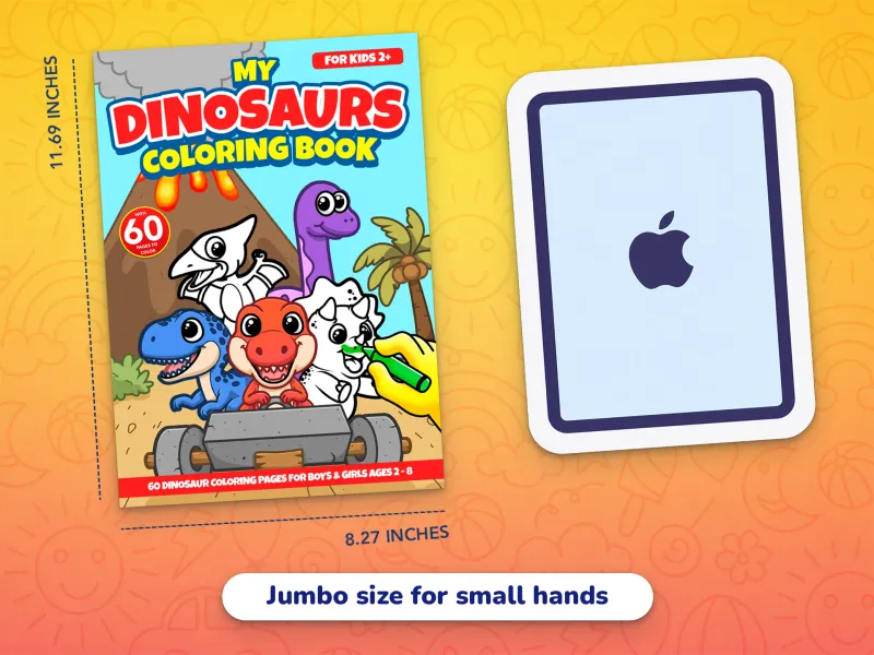 A comparison of the dinosaur book cover with an iPad demonstrating how large the jumbo-size pages are