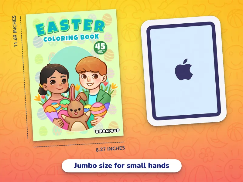 A comparison of the Easter book cover with an iPad demonstrating how large the jumbo-size pages are