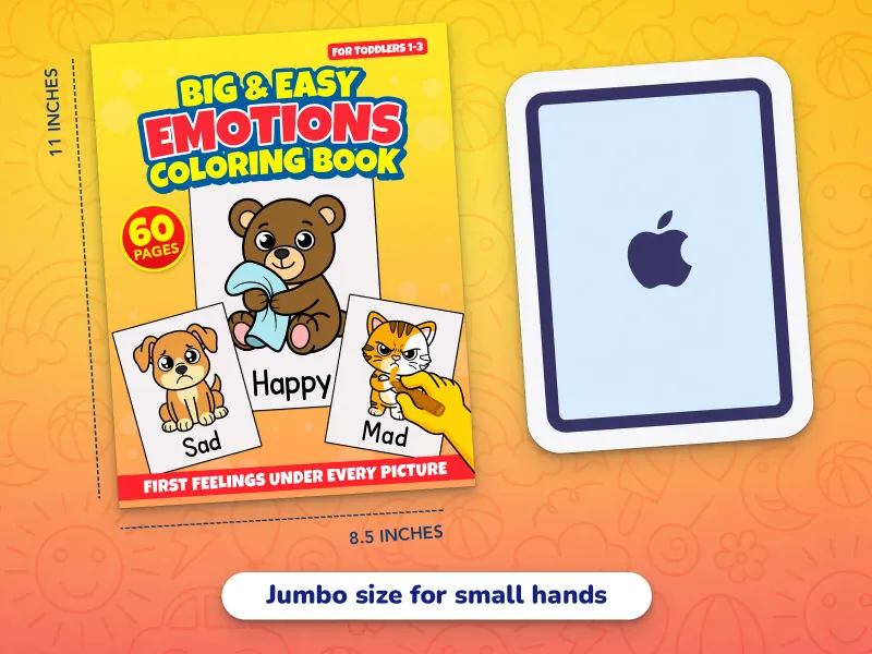 A comparison of the emotions book cover with an iPad demonstrating how large the jumbo-size pages are