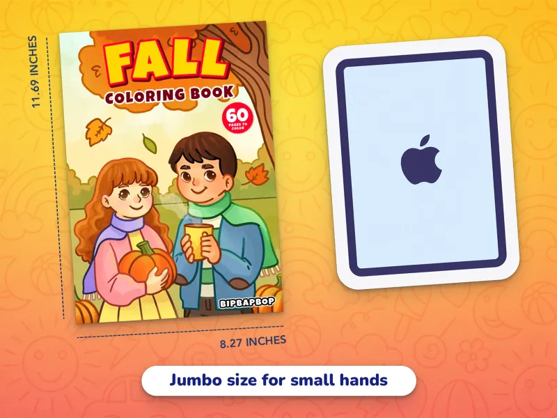 A comparison of the fall book cover with an iPad demonstrating how large the jumbo-size pages are