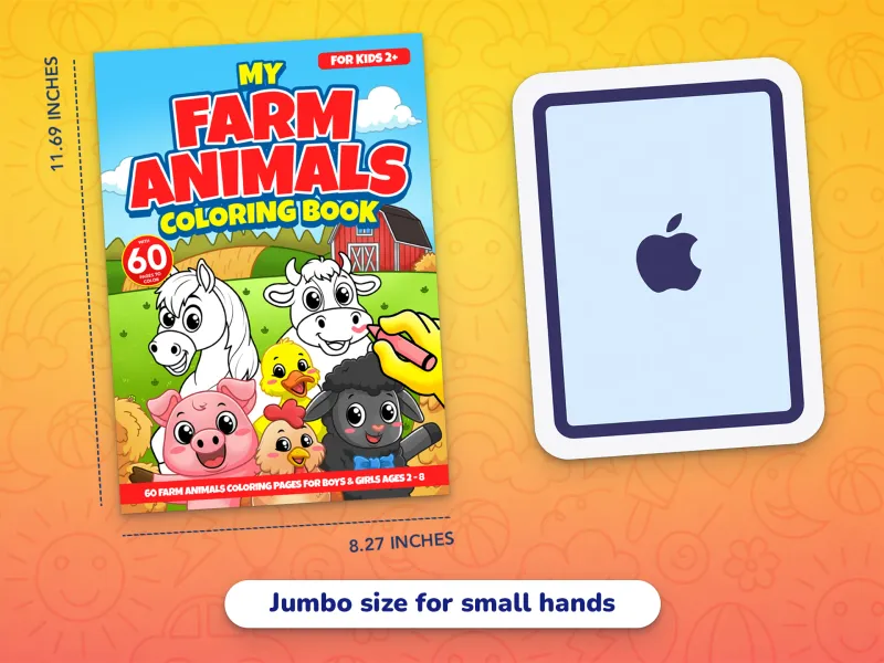 A comparison of the farm animal book cover with an iPad demonstrating how large the jumbo-size pages are