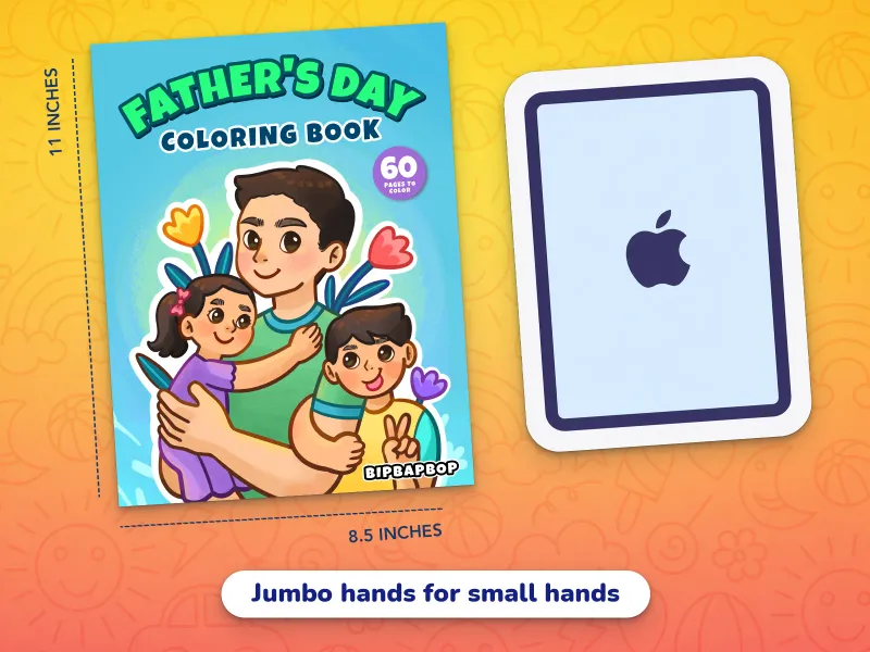 A comparison of the Father's Day book cover with an iPad demonstrating how large the jumbo-size pages are