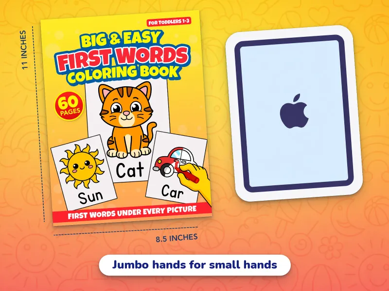 A comparison of the first words book cover with an iPad demonstrating how large the jumbo-size pages are