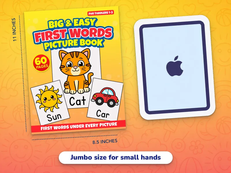 A comparison of the first words picture book cover with an iPad demonstrating how large the jumbo-size pages are