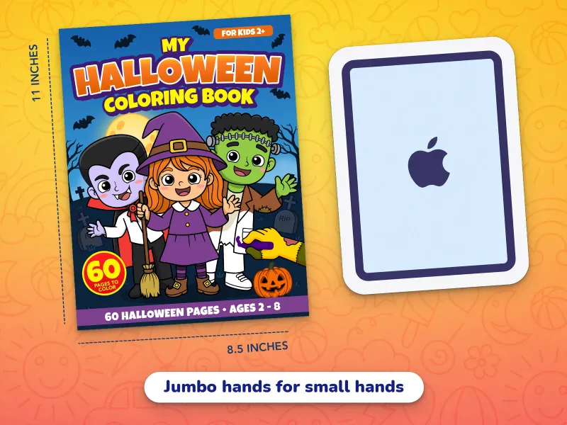 A comparison of the Halloween book cover with an iPad demonstrating how large the jumbo-size pages are