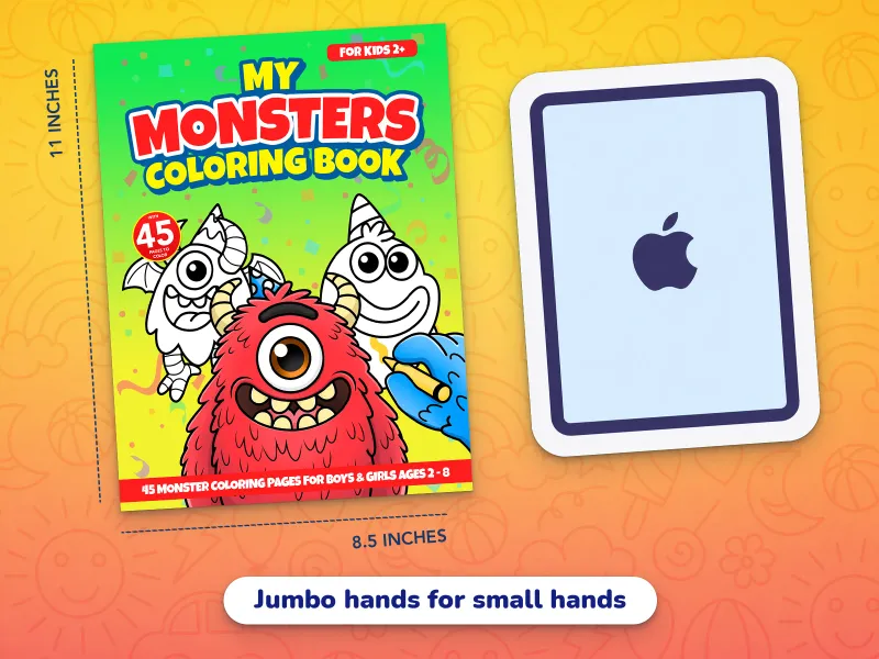 A comparison of the monsters book cover with an iPad demonstrating how large the jumbo-size pages are