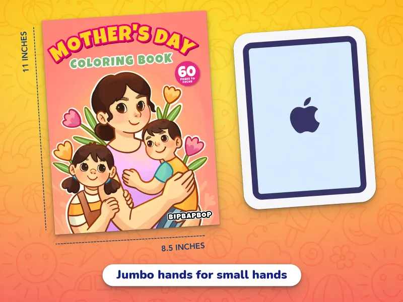 A comparison of the Mother's Day book cover with an iPad demonstrating how large the jumbo-size pages are