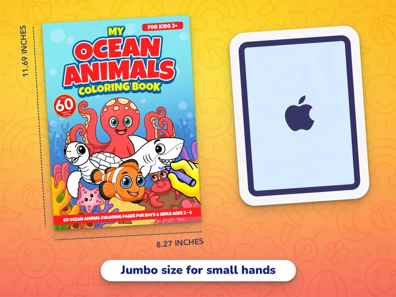 A comparison of the ocean animals book cover with an iPad demonstrating how large the jumbo-size pages are