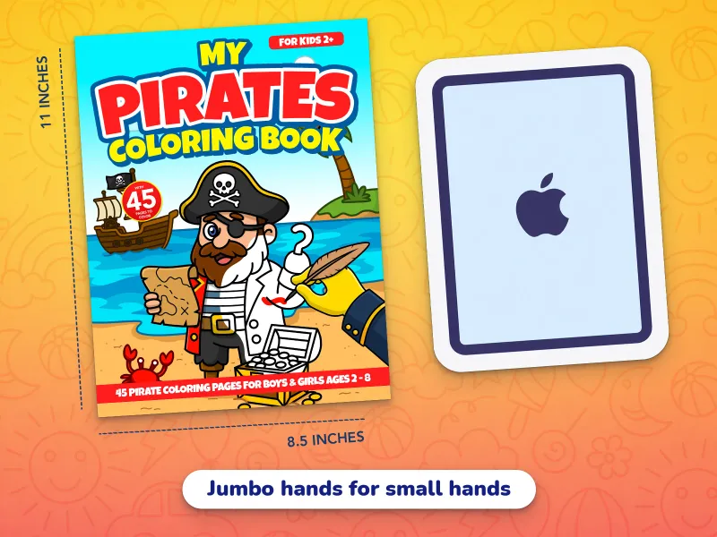 A comparison of the pirates book cover with an iPad demonstrating how large the jumbo-size pages are