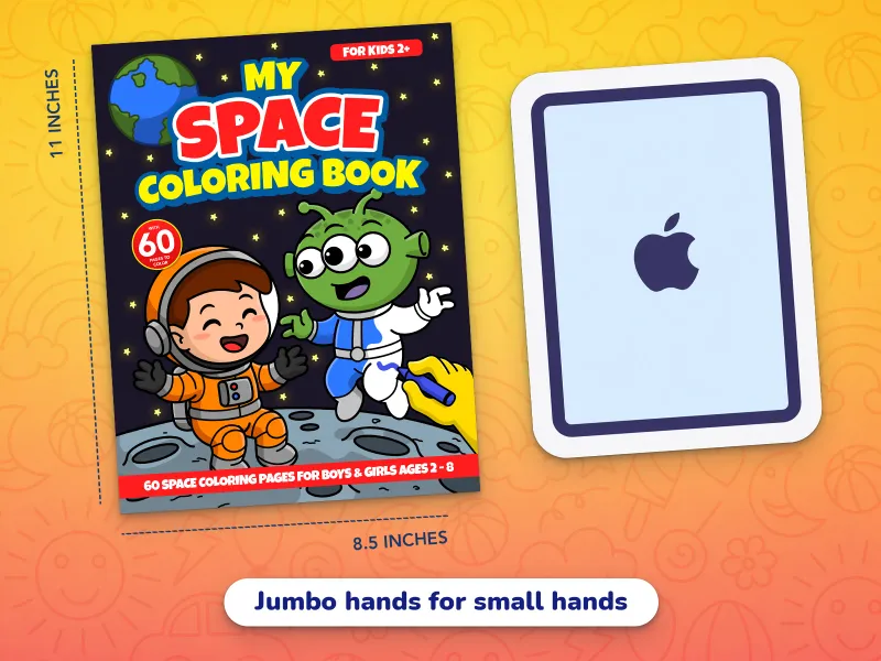A comparison of the space book cover with an iPad demonstrating how large the jumbo-size pages are