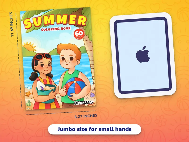 A comparison of the summer book cover with an iPad demonstrating how large the jumbo-size pages are
