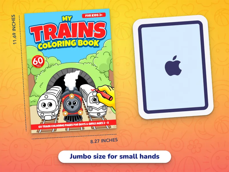 A comparison of the train book cover with an iPad demonstrating how large the jumbo-size pages are