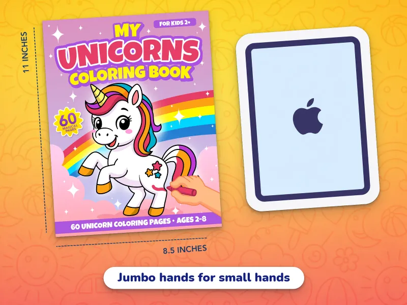 A comparison of the unicorn book cover with an iPad demonstrating how large the jumbo-size pages are