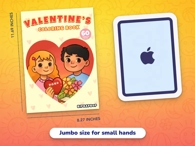 A comparison of the valentines book cover with an iPad demonstrating how large the jumbo-size pages are