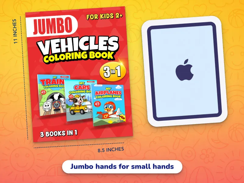 A comparison of the jumbo vehicle book cover with an iPad demonstrating how large the jumbo-size pages are