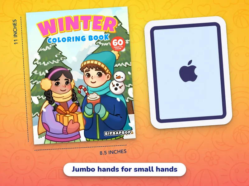 A comparison of the winter book cover with an iPad demonstrating how large the jumbo-size pages are