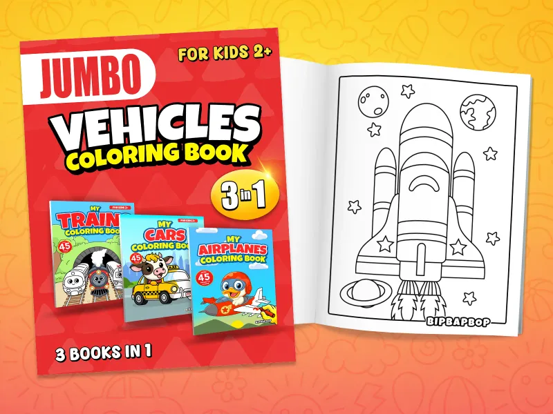 Jumbo vehicle coloring book front cover showing the car, train and airplane books and an internal page with a rocket blasting into space