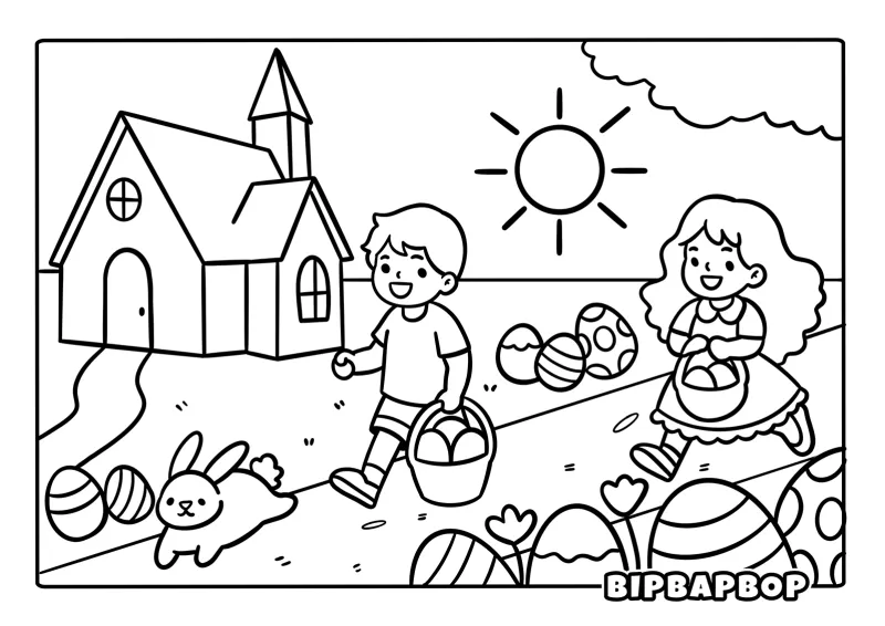 A boy and a girl with Easter egg baskets walking past a church