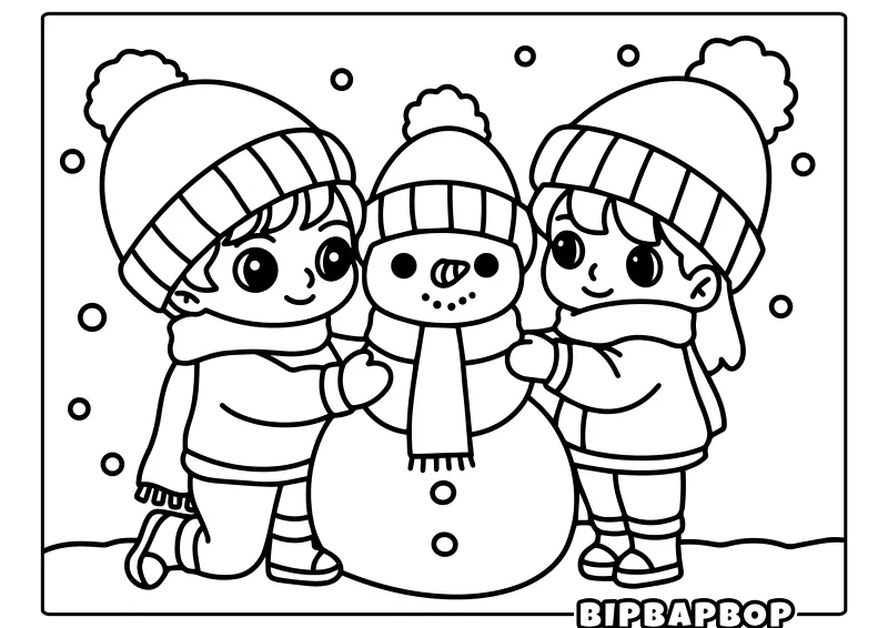 A boy and a girl in hat and scarf making a snowman
