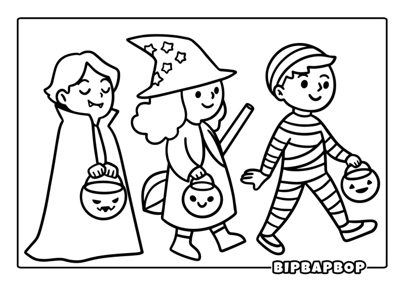 Three kids dressed up as a vampire, a witch and a mummy for Halloween