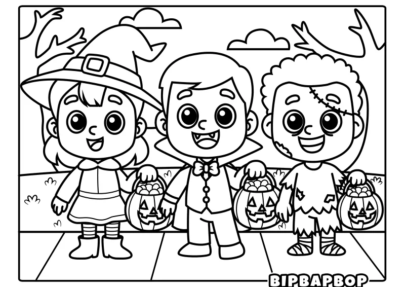 Kids dressed as a witch, a vampire and a zombie out trick-or-treating