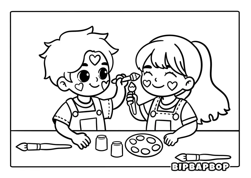 A boy and a girl painting hearts on each other