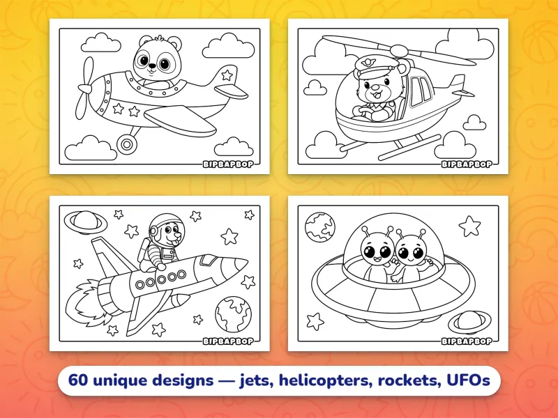 Landscape coloring pages — a panda flying a prop plane, a bear flying a helicopter, a dog flying a rocket, and two aliens in a flying saucer